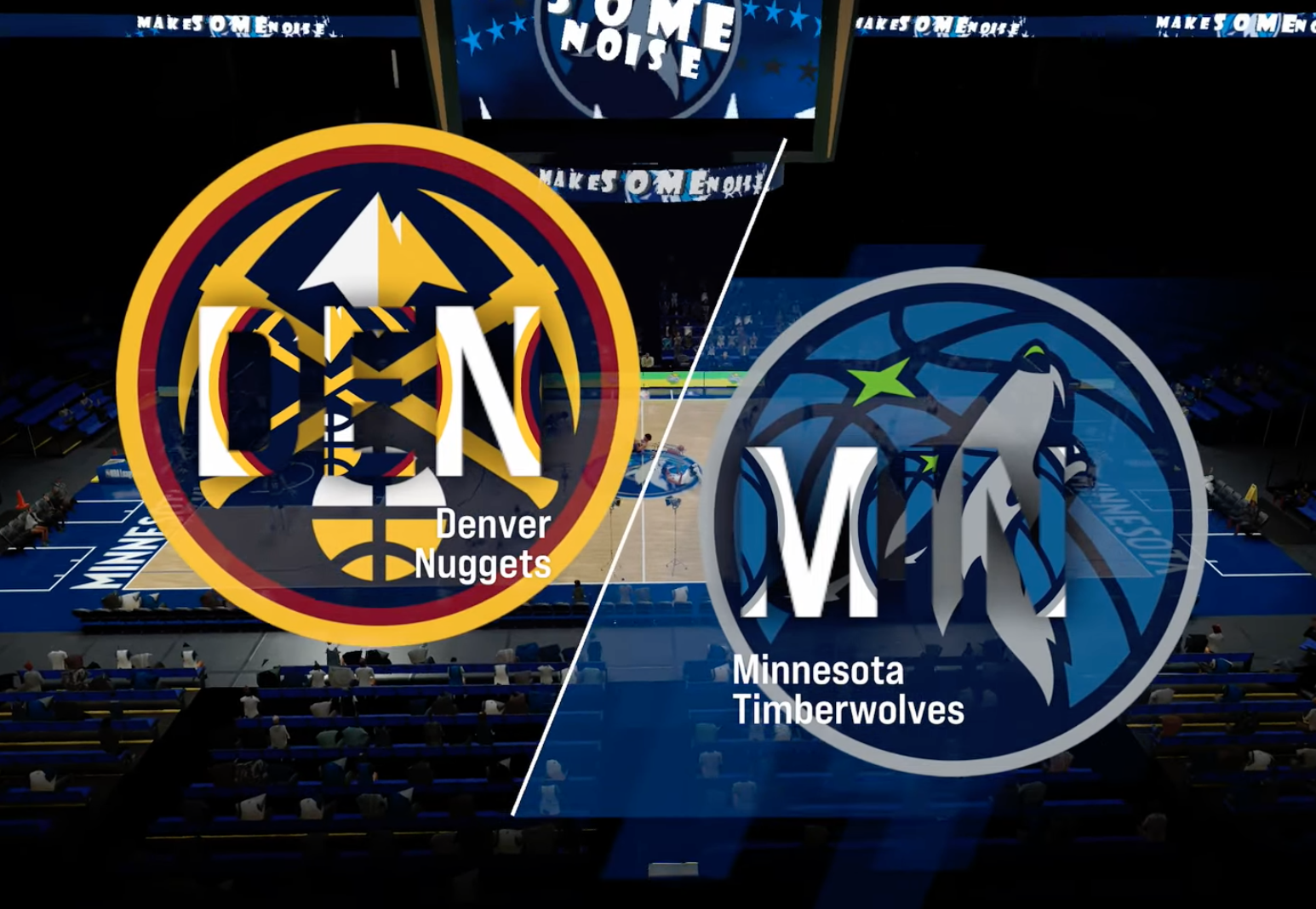 A screen capture from NBA2K24 featuring the Denver Nuggets and Minnesota Timberwolves.